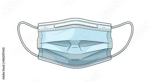 Detailed illustration of a blue surgical face mask with elastic ear loops, showing the folds and structure of the mask.