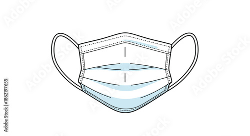 Illustration of a light blue disposable medical face mask, featuring three-dimensional details and ear loops on a white background.
