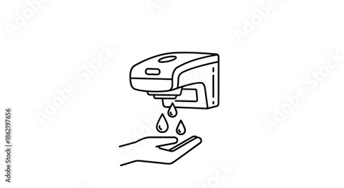 Line art illustration of an automatic hand sanitizer dispenser mounted on a wall with drops falling into an open palm.
