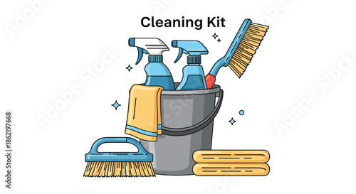 Full set of cleaning supplies in a bucket including spray bottles, brushes, cloths, and a handle brush, titled Cleaning Kit.