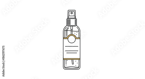 Simple line art illustration of a tall spray bottle with a cap, featuring small bubble details to suggest a liquid product.