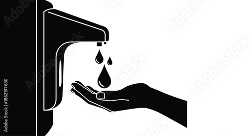 Silhouette of a hand receiving liquid from an automatic wall mounted sanitizer dispenser for hygiene and public health themes.