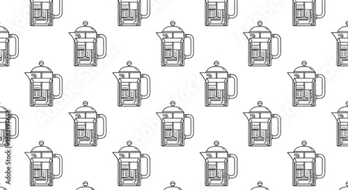 Seamless pattern featuring line art illustrations of french press coffee makers for kitchenware and cafe branding backgrounds.