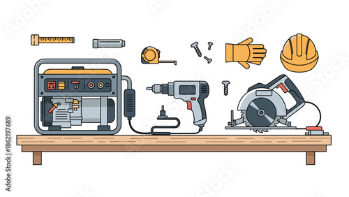 Variety of essential power tools and equipment for construction and DIY projects on a wooden workbench