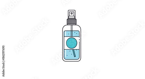 Transparent spray bottle icon with blue liquid and a circular label for cosmetics or cleaning products isolated on white.