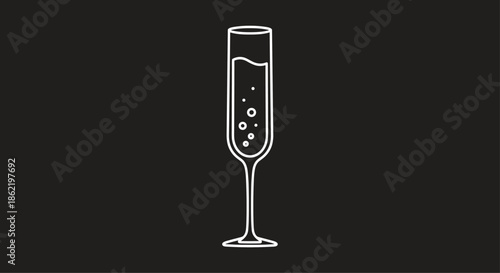Minimalist line art of a champagne flute filled with bubbly liquid on a solid black background for celebration and luxury themes.
