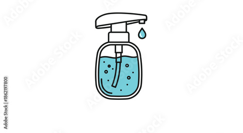 Small hand soap or sanitizer bottle icon with a blue liquid drop and bubbles on a white background illustration.