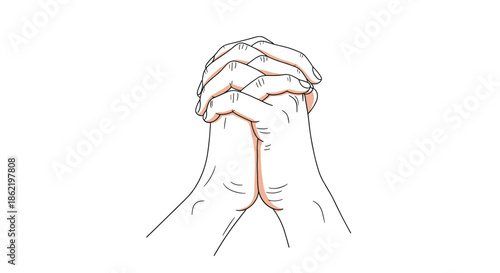 Clasping hands together in a gesture of prayer or unity shown in a detailed line art drawing with soft shadows.