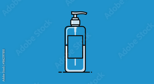 Clear plastic pump bottle of hand sanitizer or liquid soap on a solid blue background for daily hygiene and health safety.