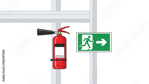 Fire extinguisher and emergency exit sign on wall in building