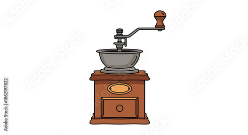 Vintage style manual coffee bean grinder icon with wooden base and metal crank handle isolated on white background.