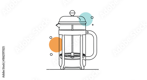 Minimalist line art illustration of a french press coffee maker with orange and teal abstract circles on white background.