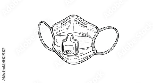 Detailed sketch of a professional respirator or N95 mask for advanced respiratory protection and medical safety use.