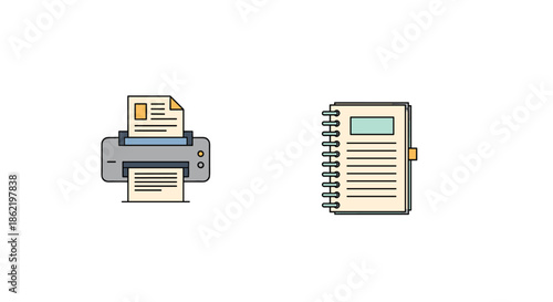 Office icons showing a printer with a document and an open spiral notebook with text and colorful highlights on white.