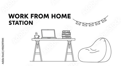 Work from home station line art illustration featuring a desk with laptop, books, coffee, and a bean bag chair.