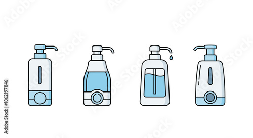 Professional set of four different hand sanitizer and liquid soap pump bottle icons in various blue and white designs.