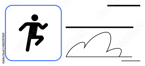 Fitness, motion, speed, running, athleticism, competition. Silhouette of a person running with lines, cloud on side. Fitness and motion theme illustrated by athlete icon in action