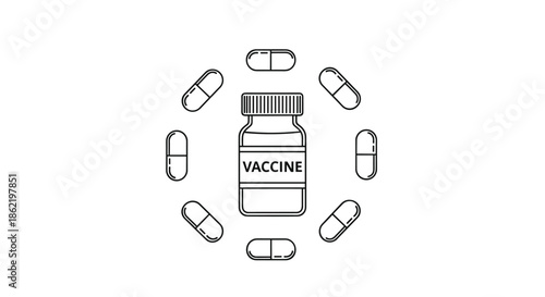 Medical icon set with a vaccine bottle in the center surrounded by various pill capsules in a circular pattern.