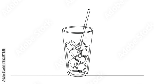 Modern continuous line art drawing of a glass filled with ice cubes and a straw isolated on a white background.