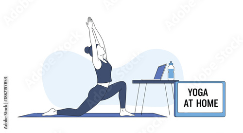 Illustration of a woman practicing yoga at home in a crescent lunge pose while following an online class on her laptop.