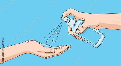 Hand sanitizer spray being applied from a blue bottle onto another hand for hygiene and protection from germs.
