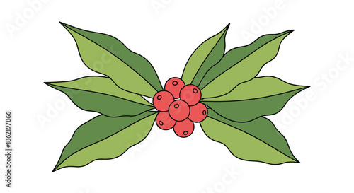 Symmetrical arrangement of red coffee berries and green leaves in a simple colorful illustration on white background.