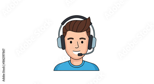Avatar icon of a smiling young man wearing a headset for customer support or call center service representation.