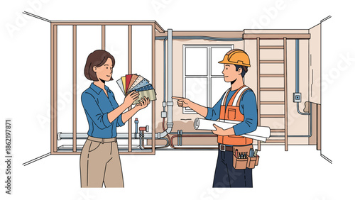 Construction workers discussing color palette in unfinished room