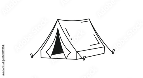 Simple line art illustration of a camping tent for outdoor adventure and travel concepts on a white background.