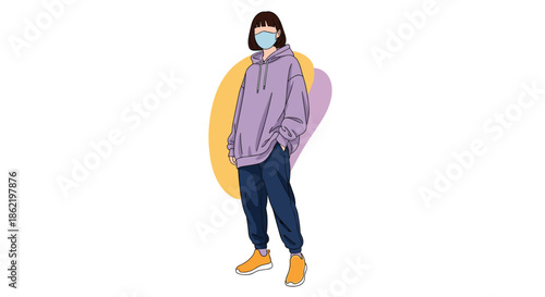 Trendy illustration of a young woman wearing a purple oversized hoodie, blue sweatpants, sneakers, and a face mask.