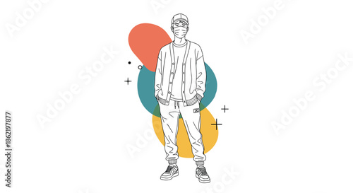 Full body line art illustration of a young man wearing a face mask and casual streetwear with colorful abstract shapes.