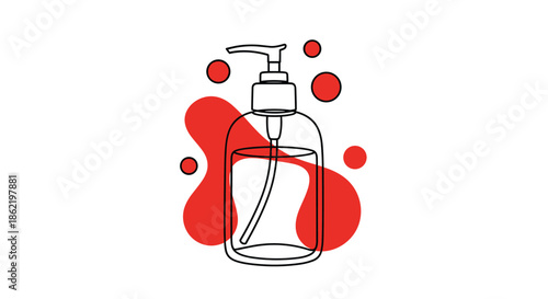 Unique line drawing of a hand sanitizer pump bottle with red liquid drops and abstract blobs for a modern design.
