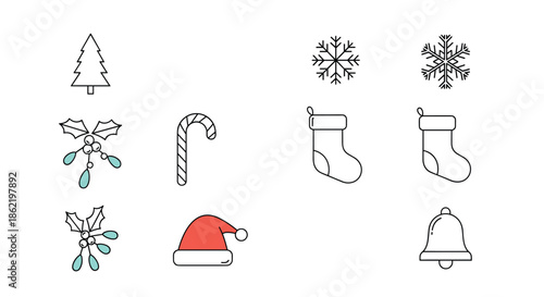 Set of simple christmas-themed icons including a tree, snowflakes, mistletoe, stockings, santa hat, and a bell.