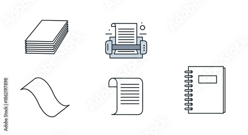 Set of various business icons featuring stacked papers, a printer, a single curved sheet, a document, and a notebook.