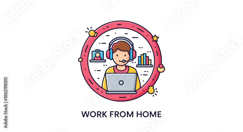 Circular icon for work from home theme featuring a man with a headset at a laptop surrounded by charts and icons in a modern flat style.