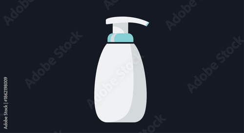 Modern flat illustration of a white hand sanitizer bottle with a pump and a light blue band against a solid dark gray background.