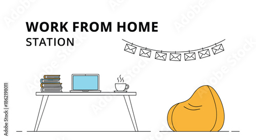 Work from home station setup showing a desk with a laptop, coffee, and books next to a yellow bean bag chair and hanging envelopes.