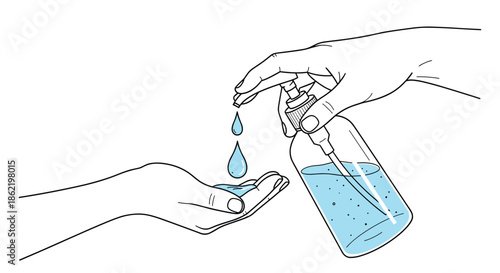 Illustration of hands using a plastic pump bottle to dispense liquid sanitizer for effective hand hygiene and virus prevention.