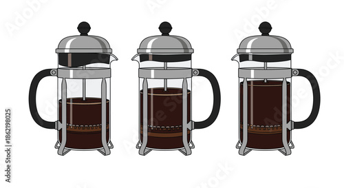 Three French press coffee makers shown at different stages of the brewing process with varying levels of coffee inside each glass pot.
