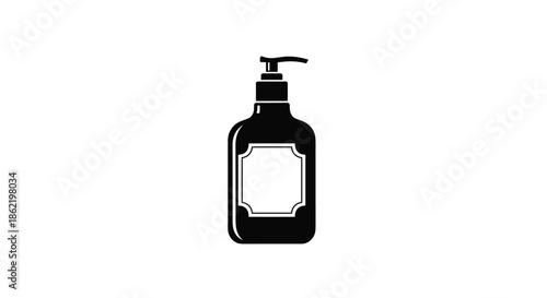 Solid black silhouette icon of a hand sanitizer pump bottle with a decorative label on the front against a clean white background.