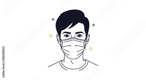 Minimalist black and white line art portrait of a man wearing a surgical face mask with small decorative elements in the background.