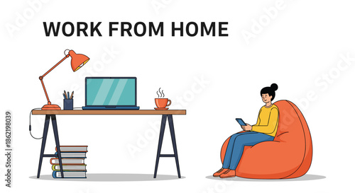 Cozy home office scene with a woman sitting in an orange bean bag chair looking at her phone next to a desk with a laptop and lamp.