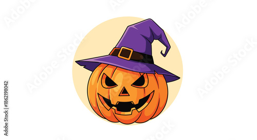 Spooky halloween pumpkin jack-o-lantern carved with a scary face wearing a purple witch hat inside a light yellow circle.