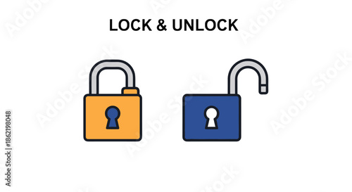 Locked and unlocked padlocks in orange and blue colors representing security, privacy, and access control with text labels.