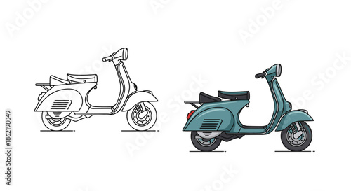 Side view of a classic motor scooter presented in both a simple black outline and a teal-colored version on a white background for design.