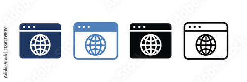 browser icon set with globe web window symbols for ui and design