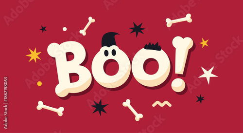 Halloween boo text illustration with ghost faces and bones on a red background decorated with stars and spooky elements.