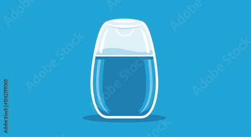 Modern blue bottle of liquid cosmetic or pharmaceutical product with a transparent cap on a plain blue background.