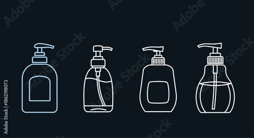 Collection of white line icons showing different liquid soap and hand sanitizer pump bottles against a dark black background.
