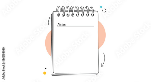 Simple spiral notebook with the word notes written on the first page against an abstract colorful background with circles.